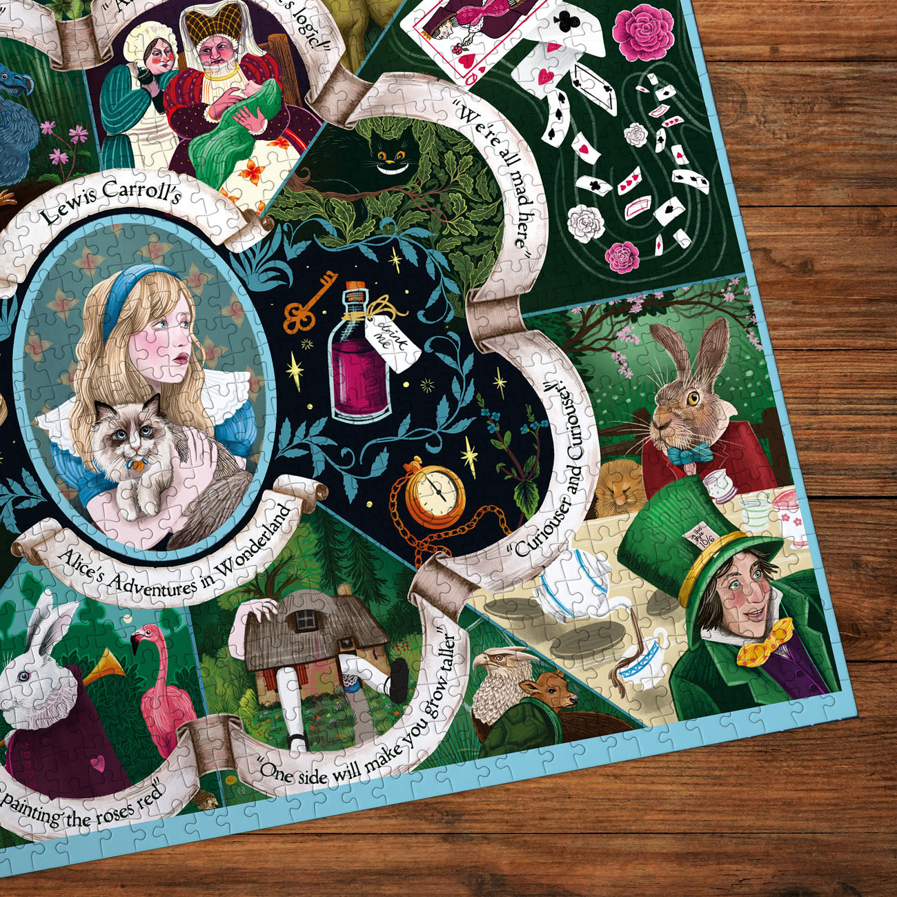 Jigsaw puzzle with illustrations from 'Alice's Adventures in Wonderland' on a wooden surface