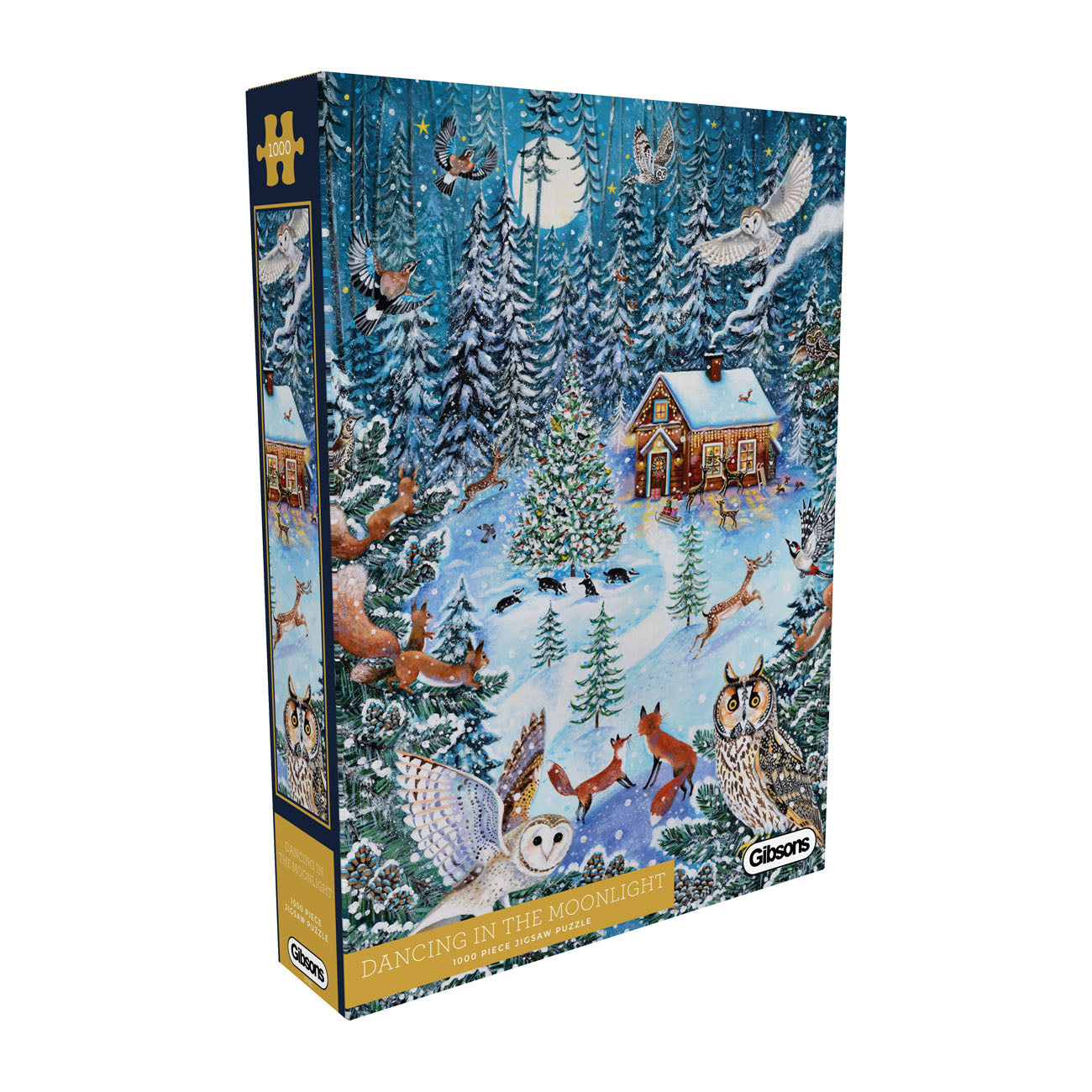 Jigsaw puzzle box with a winter forest design featuring animals and a cabin.