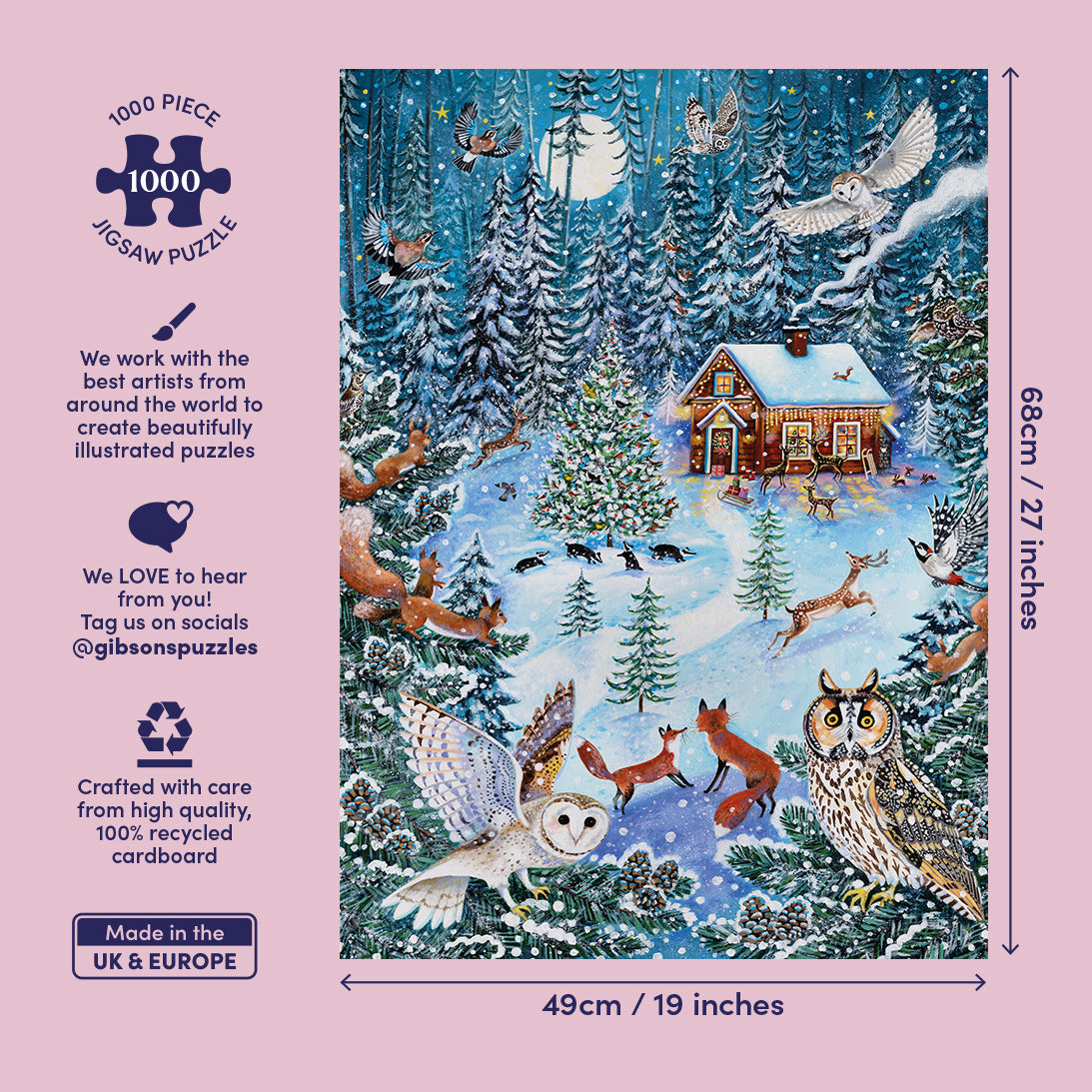 A 1000-piece jigsaw puzzle package front showing a winter forest scene with a cabin, owls, deer, foxes, trees, and a moonlit sky. The package has a pink border with dimensions labeled 68 cm by 49 cm and product feature text on the left.