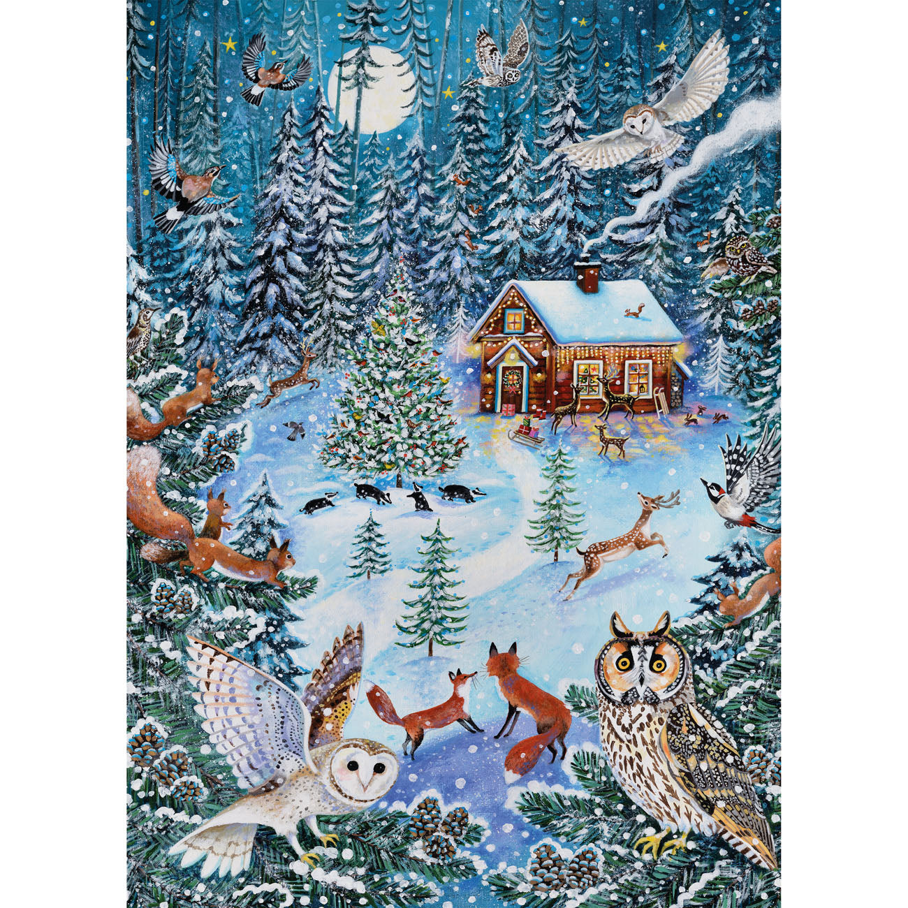 Winter scene with a cabin, animals, and snowy trees in a forest.