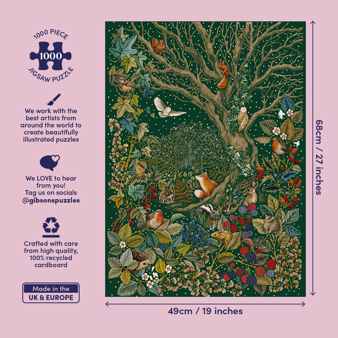 Gibsons 1000-piece jigsaw puzzle packaging with a forest scene illustration on a pink background.