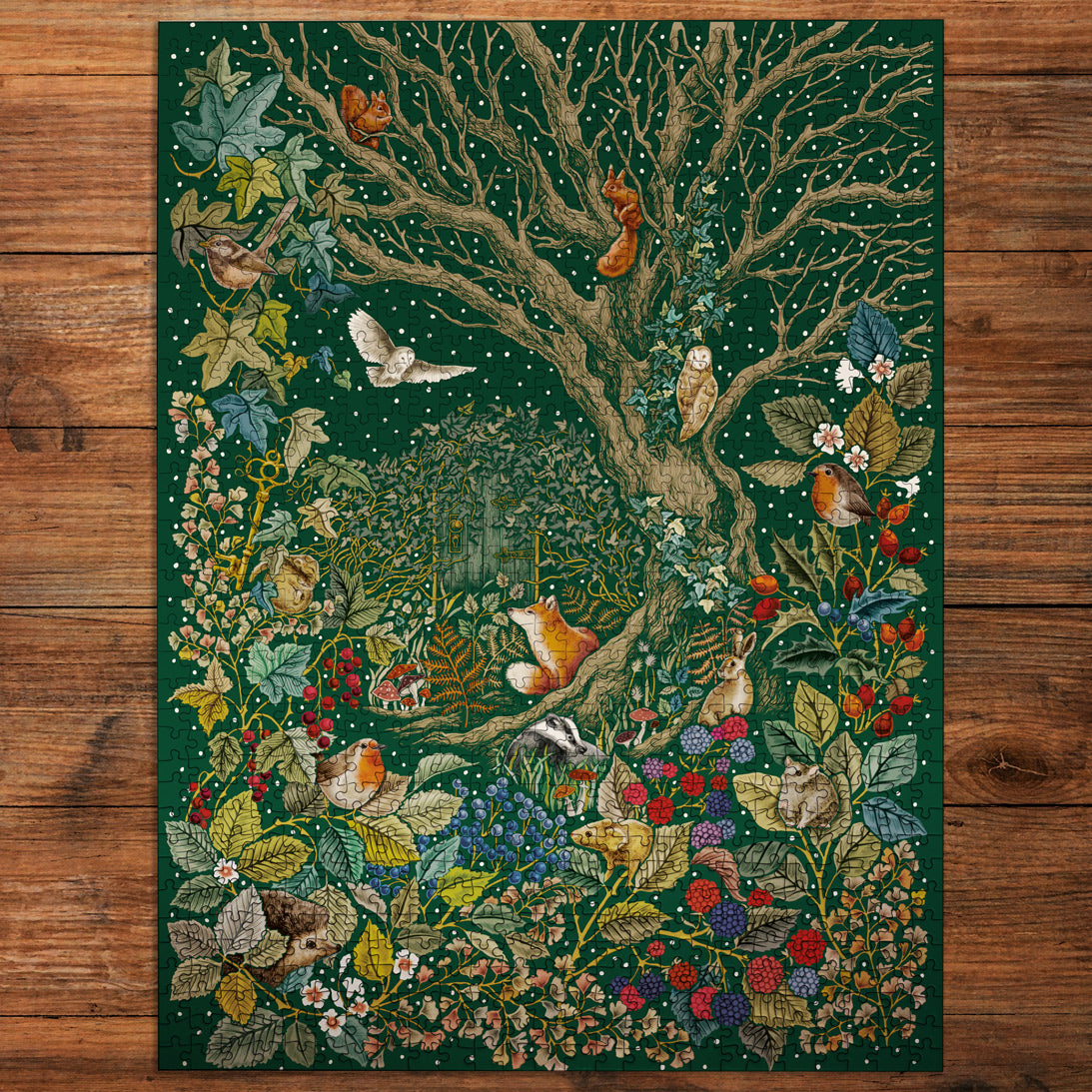 Beautiful jigsaw with nature-themed design featuring animals and plants on a wooden table