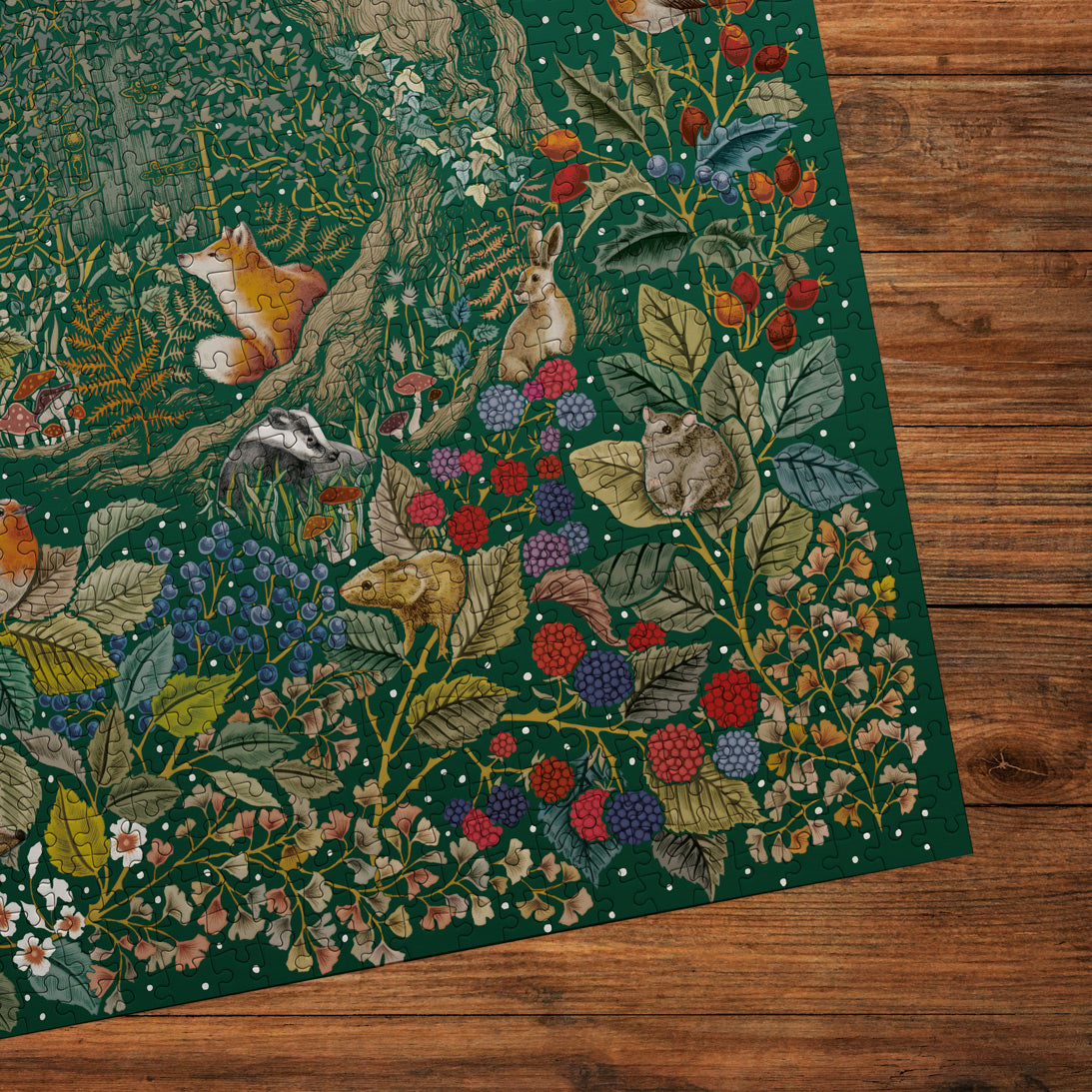 Stunning jigsaw with nature-themed design featuring animals and plants on a wooden table