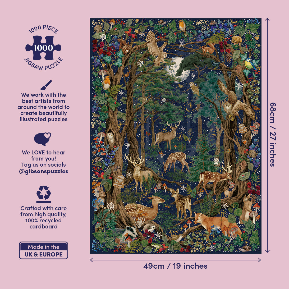 Beautiful jigsaw artwork of a forest scene with animals with puzzle and brand details
