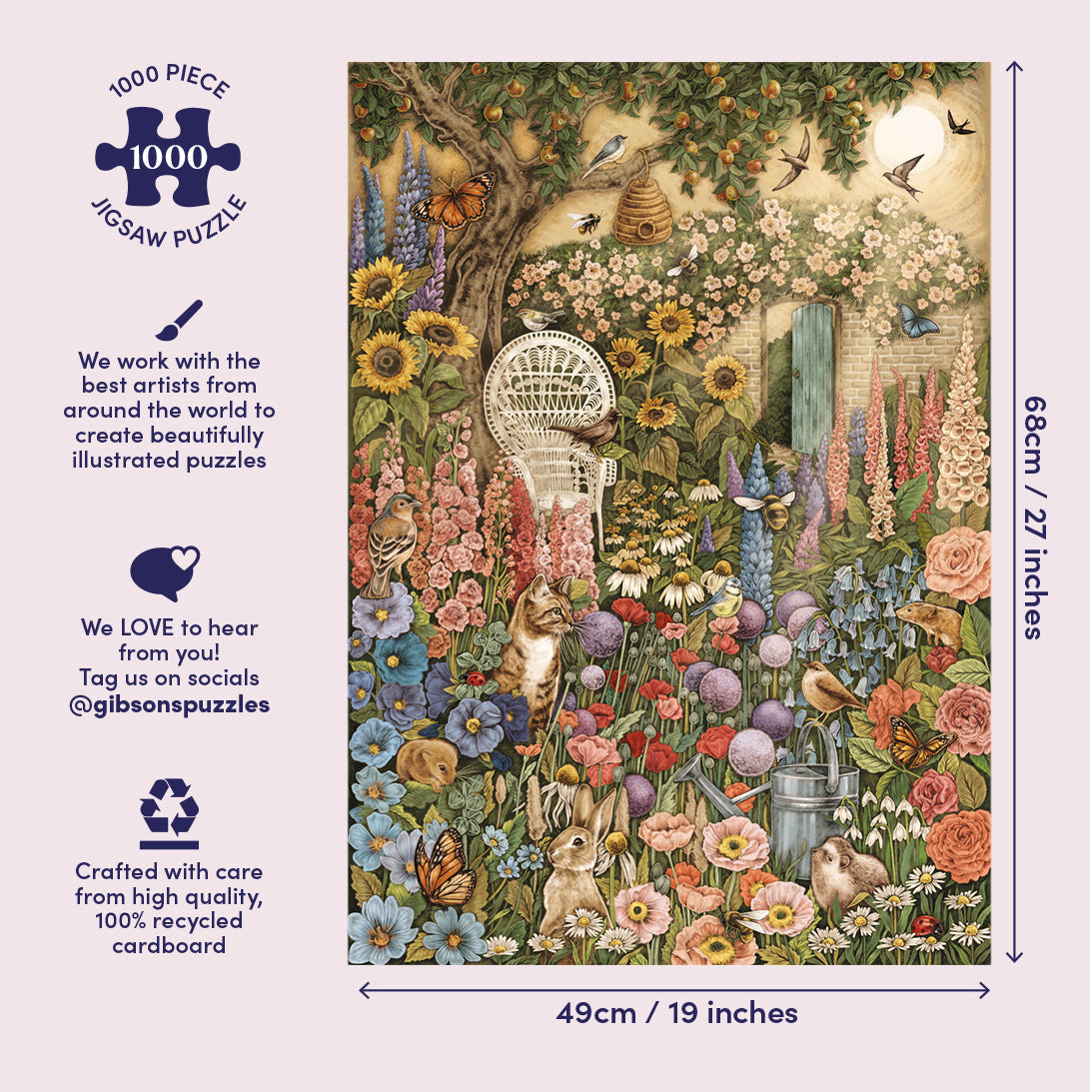 Gibsons 1000-piece jigsaw puzzle packaging with a colorful garden scene illustration.