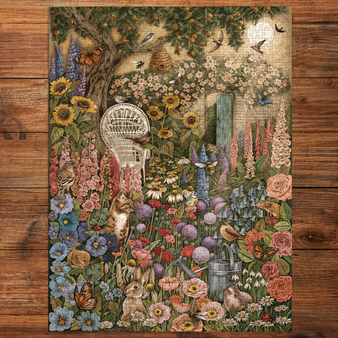Colorful garden scene with flowers, animals, and a chair on a wooden surface