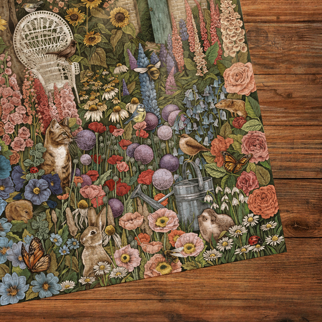 Decorative rug with garden scene featuring flowers, animals, and a birdhouse on a wooden floor.