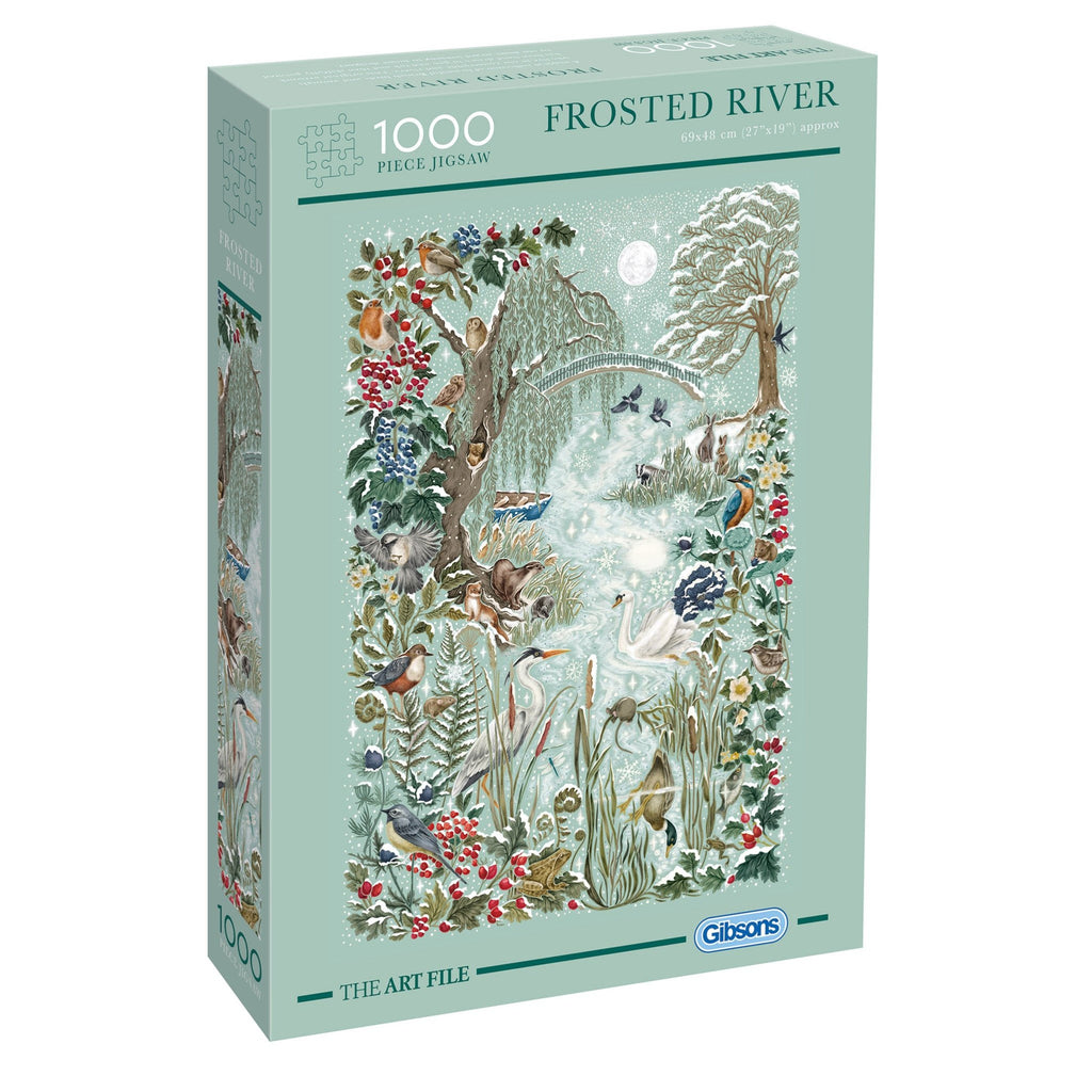 gibsons games the art file: frosted river 1000 piece jigsaw puzzle in retail box front and side view