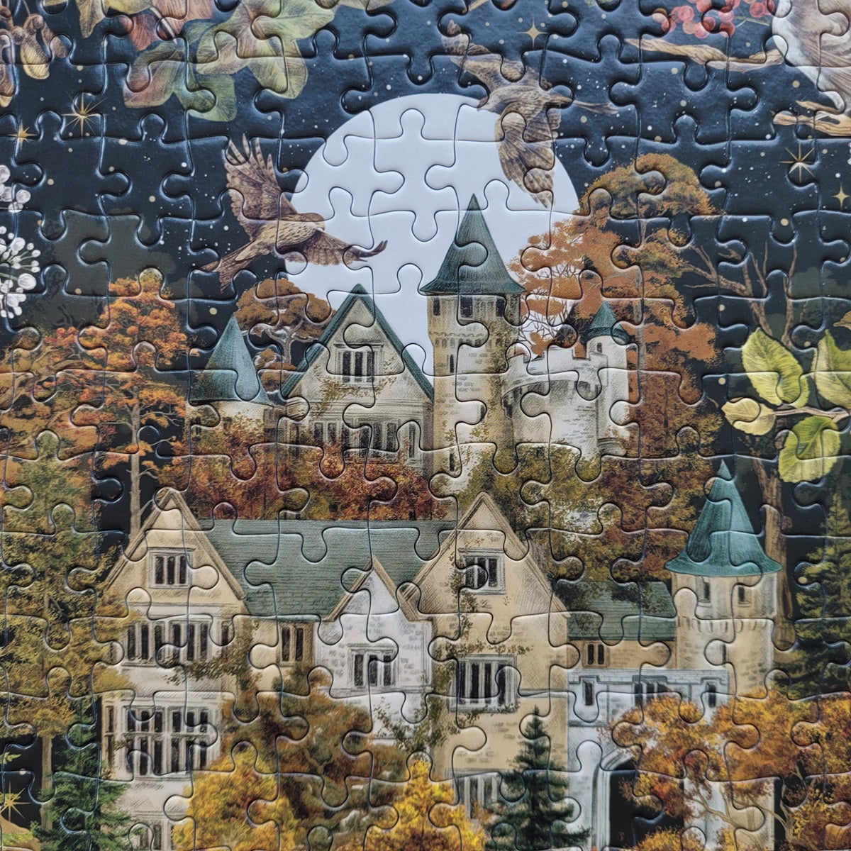The Art File Autumn Equinox 1000 Piece Jigsaw Puzzle Gibsons with beautiful detail of old mansion house with moon and birds