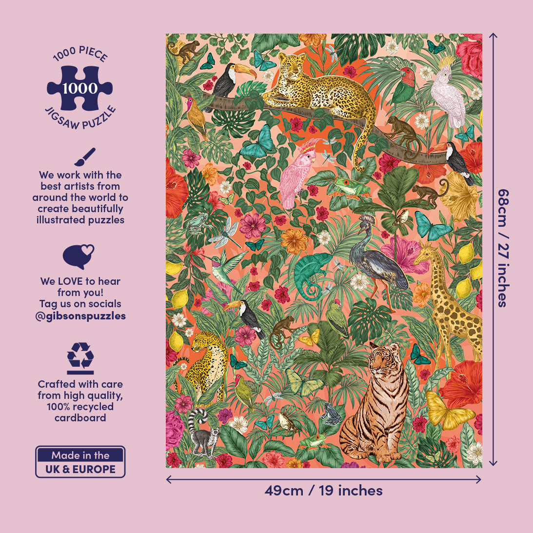 Jigsaw puzzle packaging with a colorful jungle scene design, dimensions, and Gibson's branding.