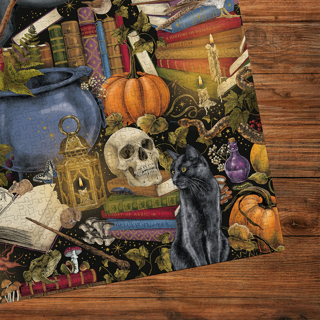 Gibsons The Art File Witchcraft 1000 Piece Halloween Spooky Jigsaw Puzzle for Adults made up detail on wooden table