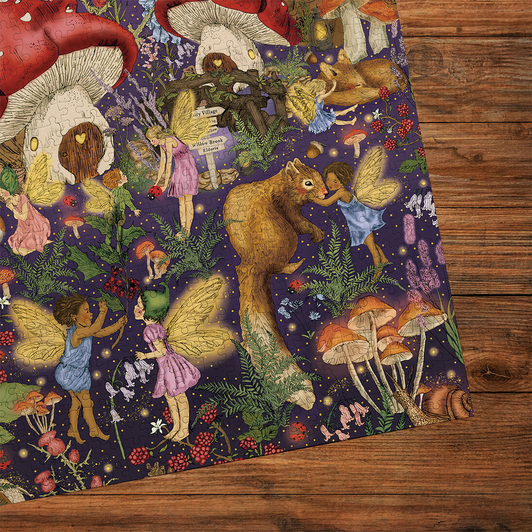 Gibsons The Art File Fairytale 1000 Piece Jigsaw Puzzle for Adults made up detail on wooden table