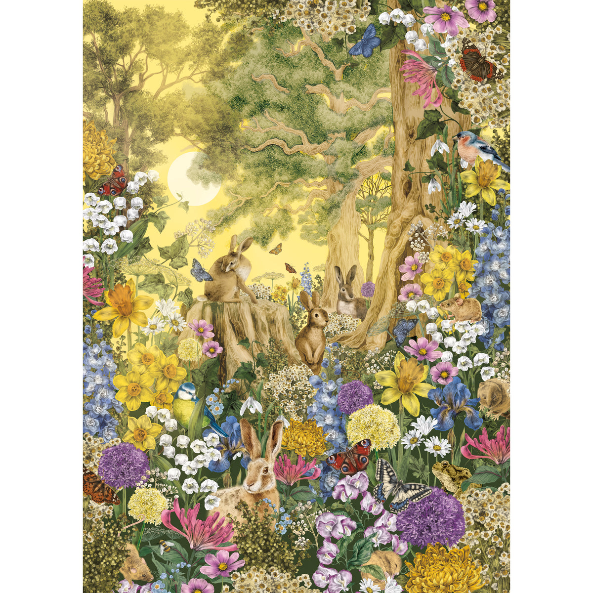 Colorful illustration of a forest scene with animals and flowers