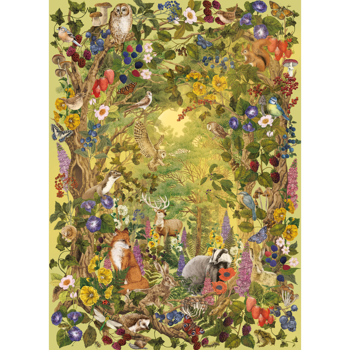 Colorful illustration of a forest scene with animals and flowers