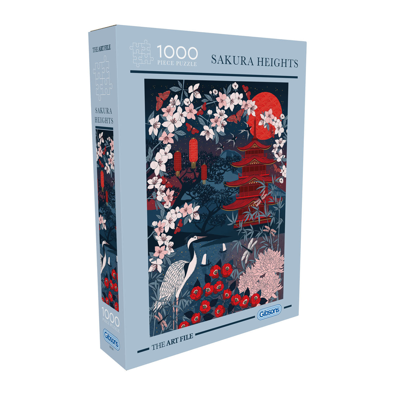 Jigsaw puzzle box titled 'Sakura Heights' with cherry blossoms and a temple design on a white background.