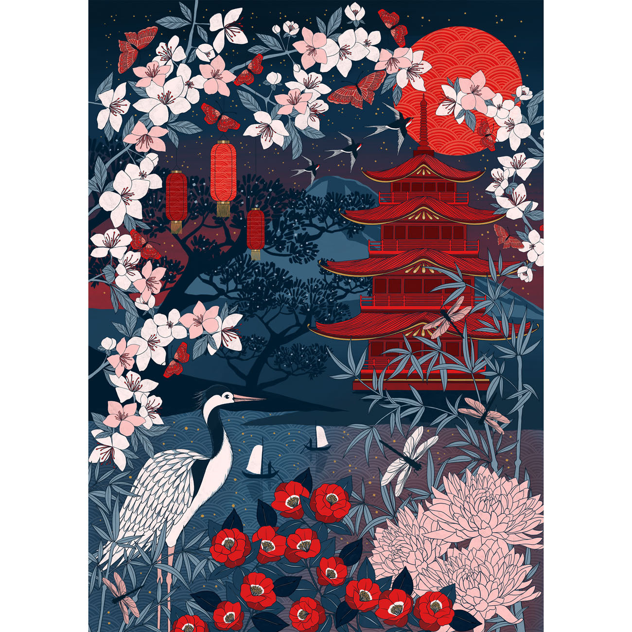 Decorative jigsaw design with a red pagoda, cranes, flowers, and lanterns on a dark blue background.