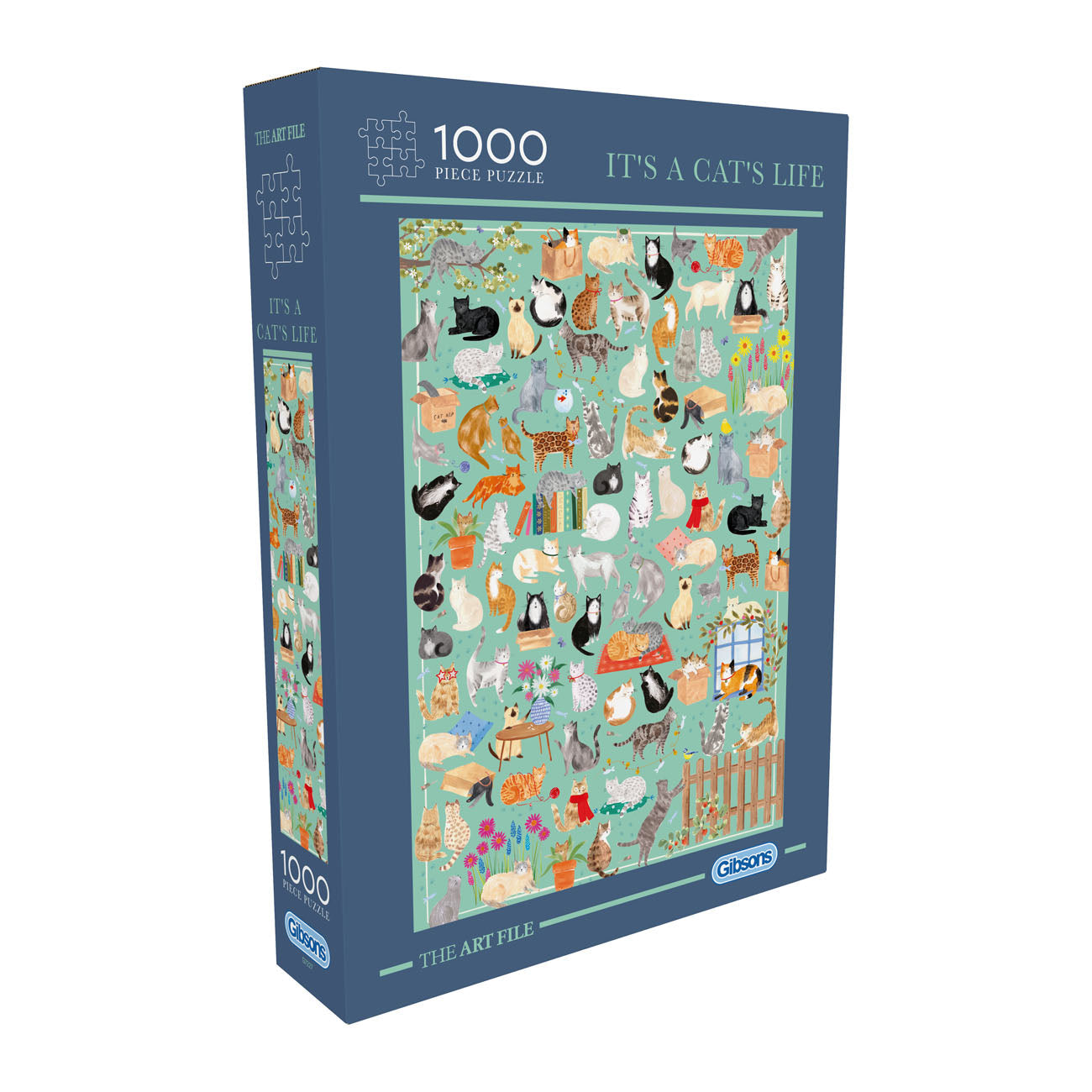 Jigsaw puzzle box with cat-themed design on a white background