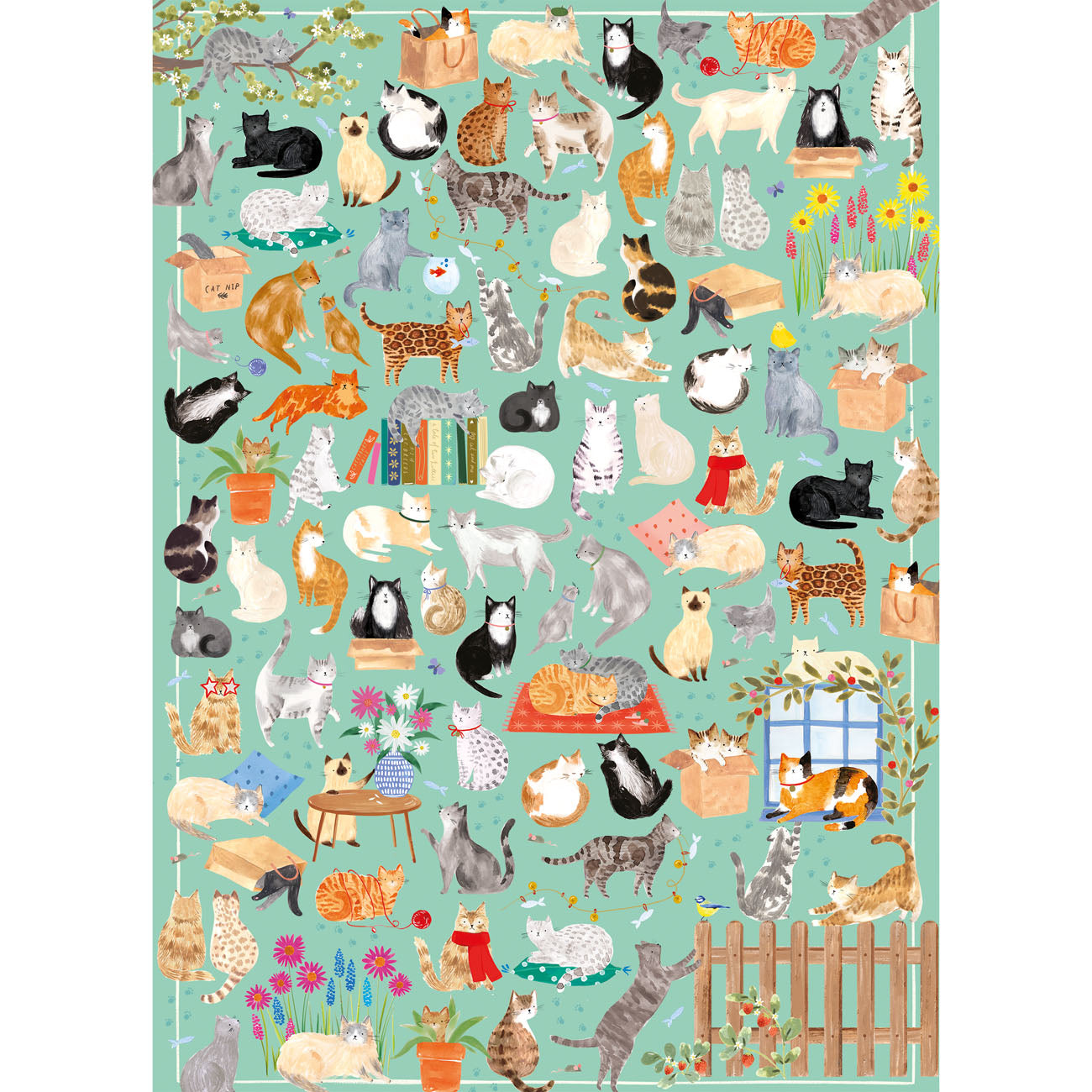 Jigsaw Pattern of various cats in different poses and outfits on a light green background