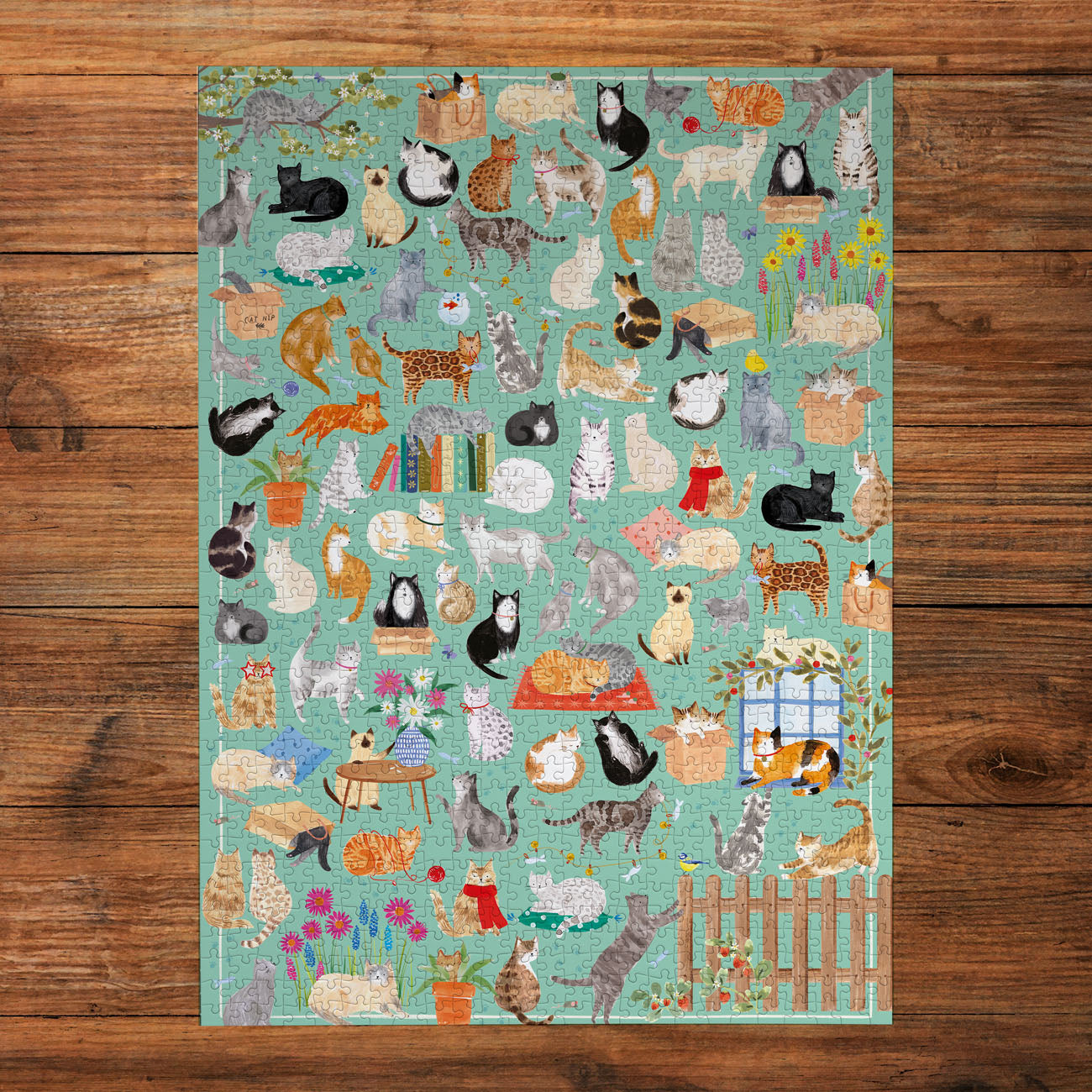 Jigsaw Pattern of various cats in different poses and outfits on a light green background