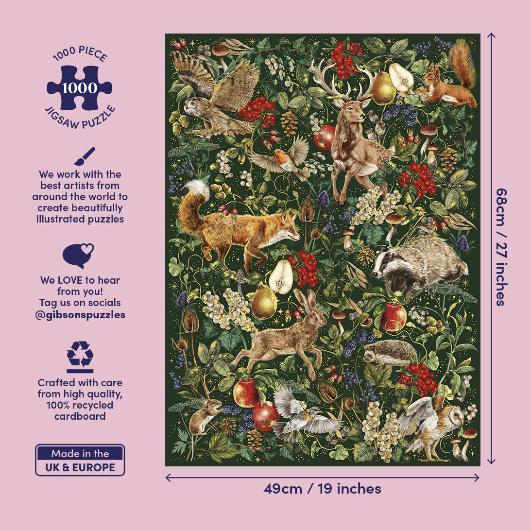 Decorative puzzle with nature-themed design featuring animals and plants with puzzle measurements.