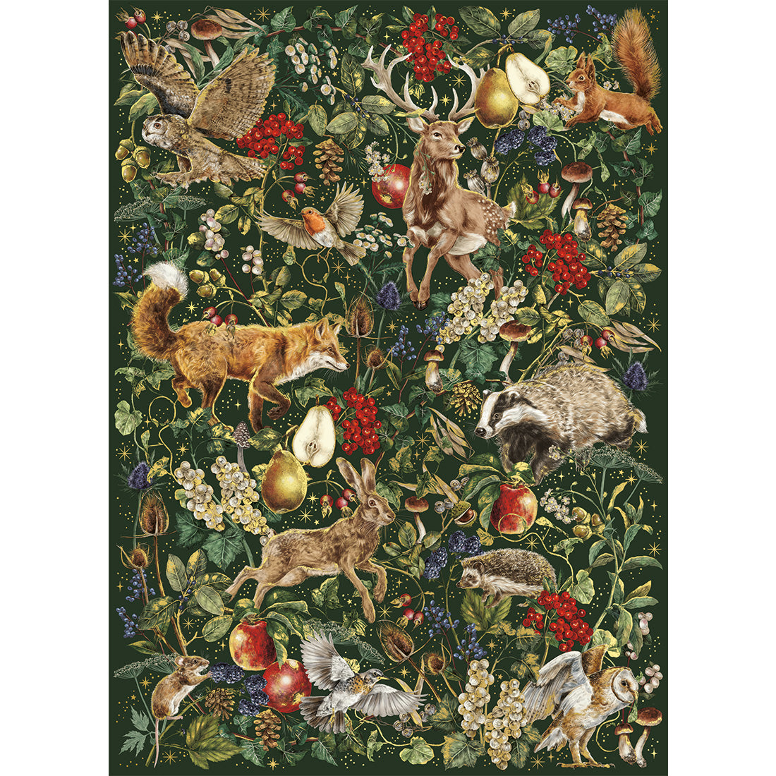 Nature-themed artwork with animals and plants on a green background