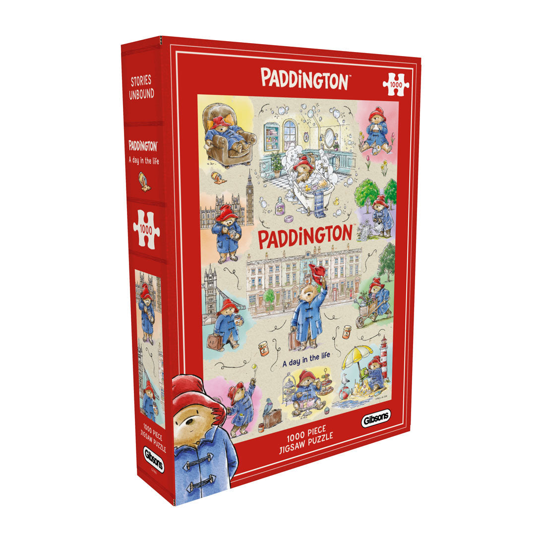 Paddington 1000-piece jigsaw puzzle box by Gibsons, featuring a red box with illustrated scenes of Paddington Bear and the text 'PADDINGTON' and '1000 PIECE Jigsaw PUZZLE'.