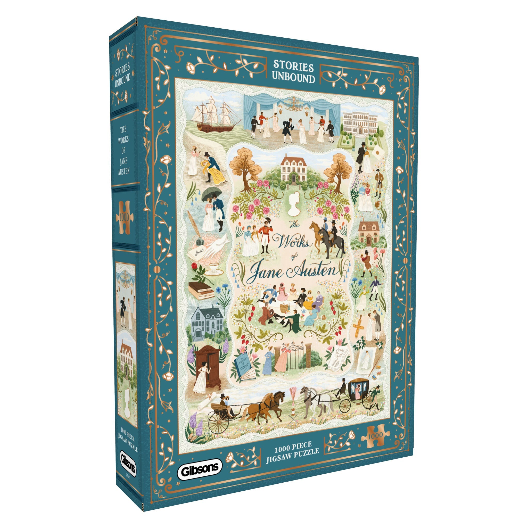 Gibsons 'Stories Unbound' Jane Austen puzzle box with illustrations on a white background