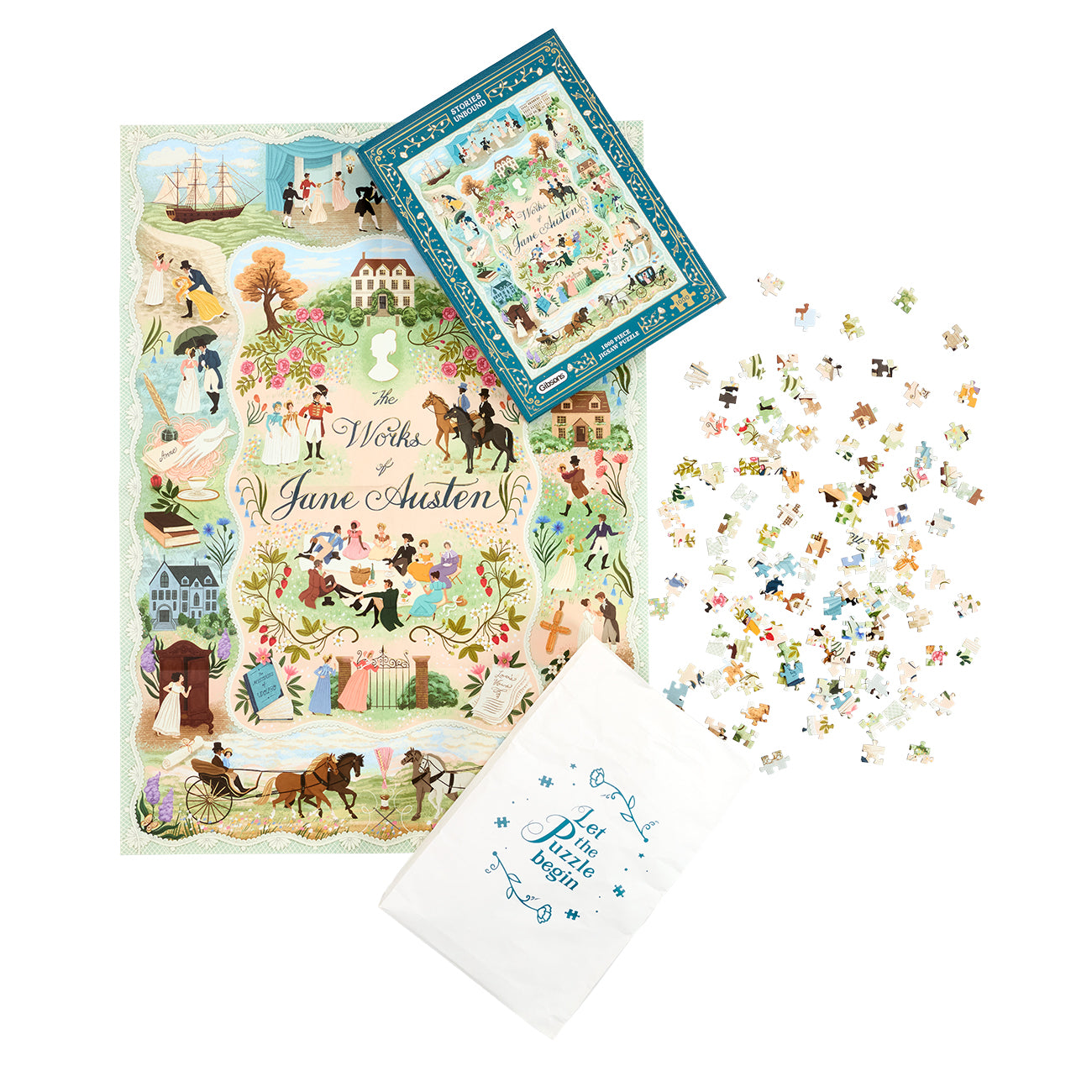 Jigsaw puzzle set featuring Jane Austen's 'The Works' illustrated with scenes from Pride and Prejudice, shown with the full size poster, the puzzle box, scattered puzzle pieces, and a white storage bag on a white background.