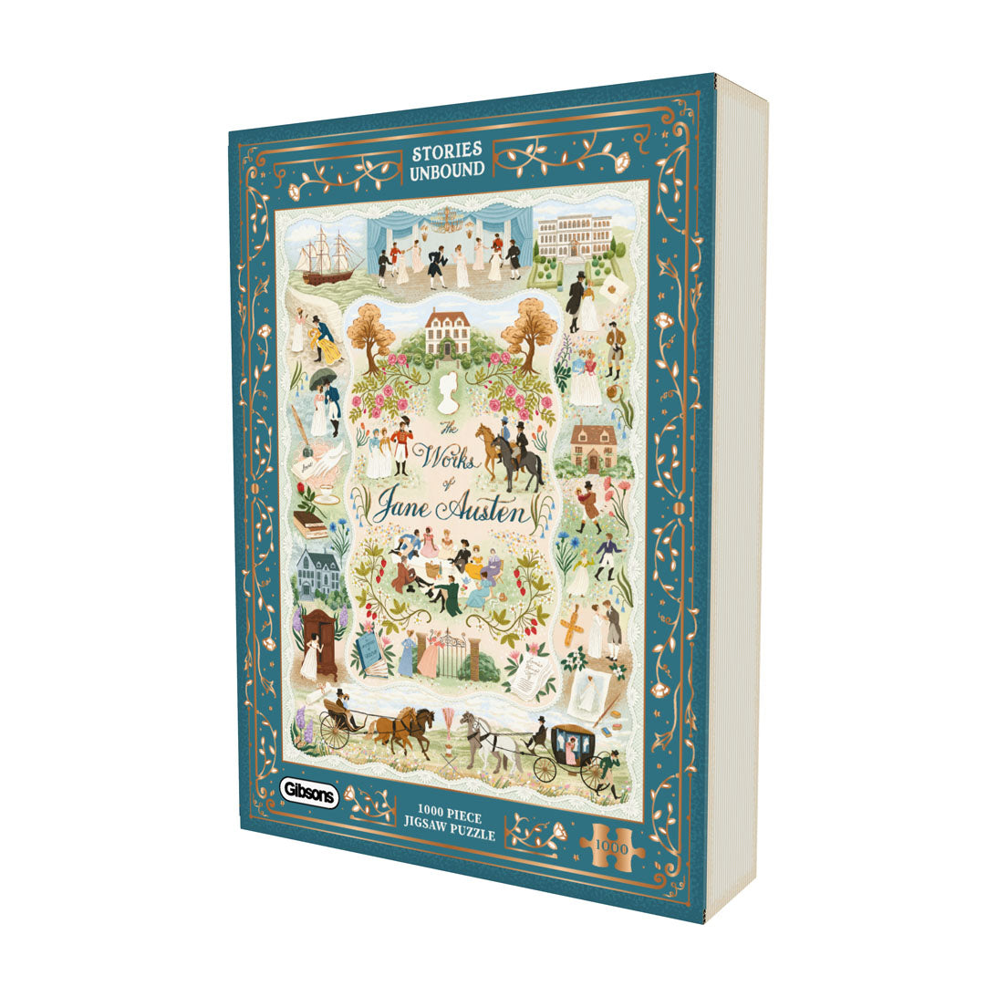 A boxed 1000-piece jigsaw puzzle titled 'Stories Unbound: Works of Jane Austen' by Gibsons, shown at a three-quarter angle against a plain white background.