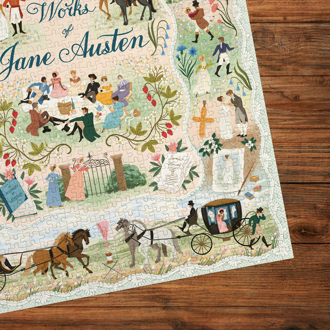 A completed jigsaw puzzle featuring a vintage illustration of Jane Austen's 'Pride and Prejudice' scene, laid flat on a dark brown wooden surface. The puzzle design includes characters in period attire, horse-drawn carriages, a green tree, and the title 'Works of Jane Austen' in blue script.