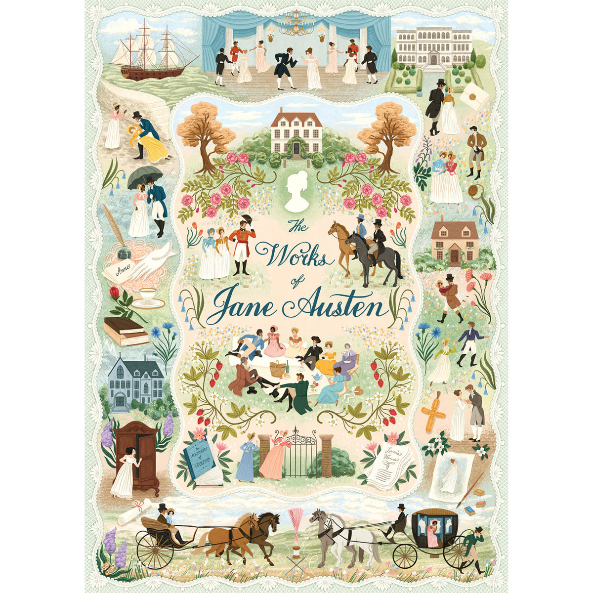 A decorative illustrated print featuring scenes and characters from The Works of Jane Austen, with the title centered in elegant script over a pastel vintage scene filled with figures, horses, houses, ships, and floral details.