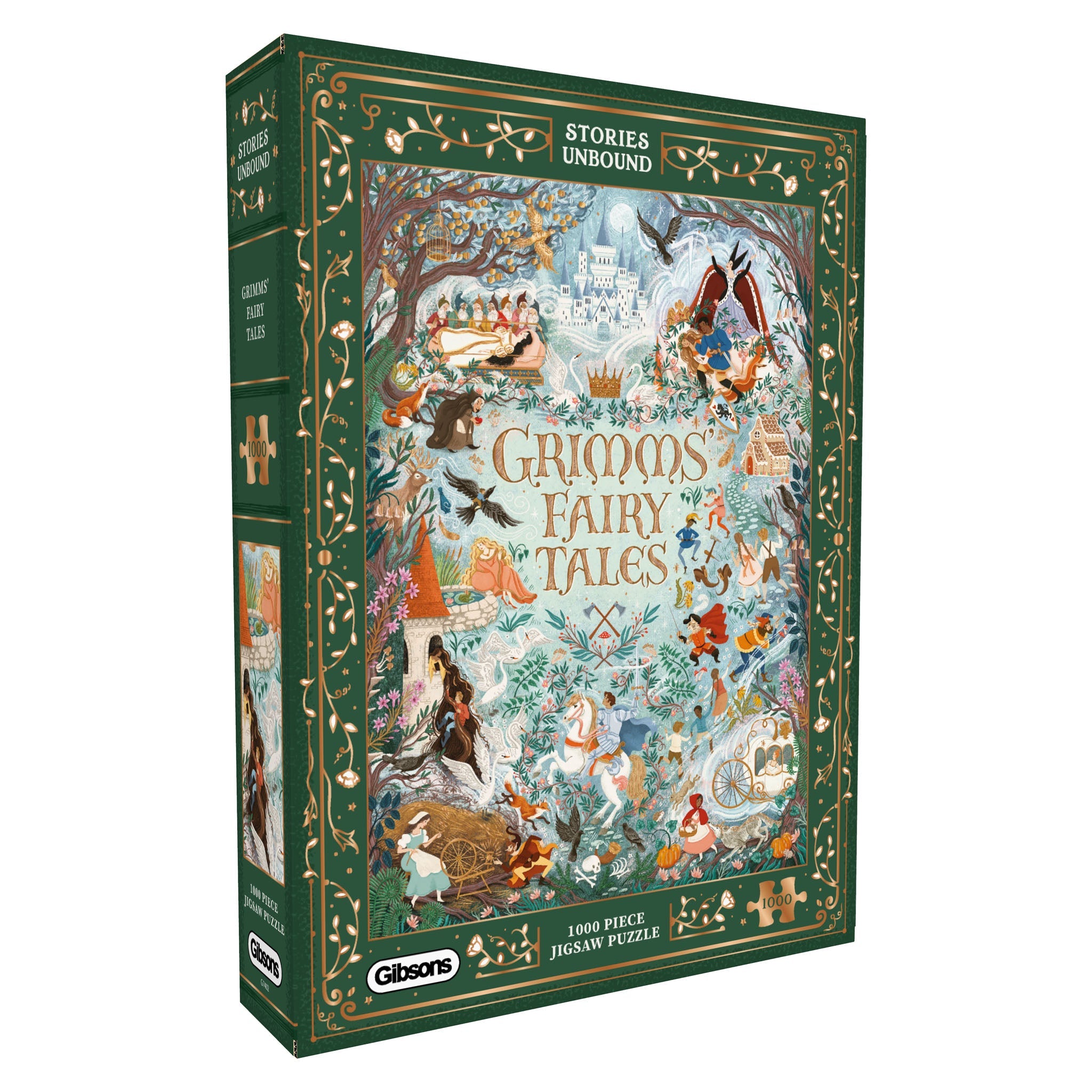 Grimm's Fairy Tales puzzle box with colorful illustrations on a white background