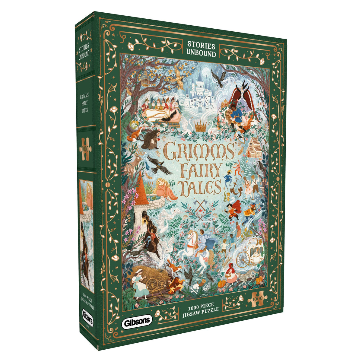 Grimm's Fairy Tales puzzle box with colorful illustrations on a white background