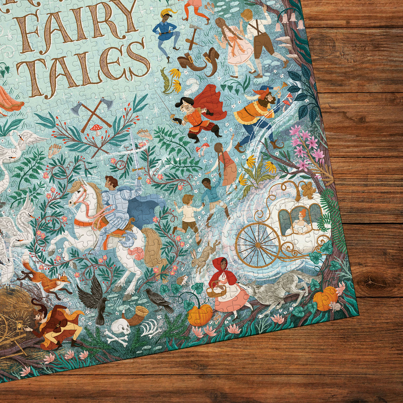 A close-up of a colourful 'Fairy Tales' patterned jigsaw puzzle laid on a wooden table, showing illustrated characters, animals, and decorative motifs in a vintage storybook style.
