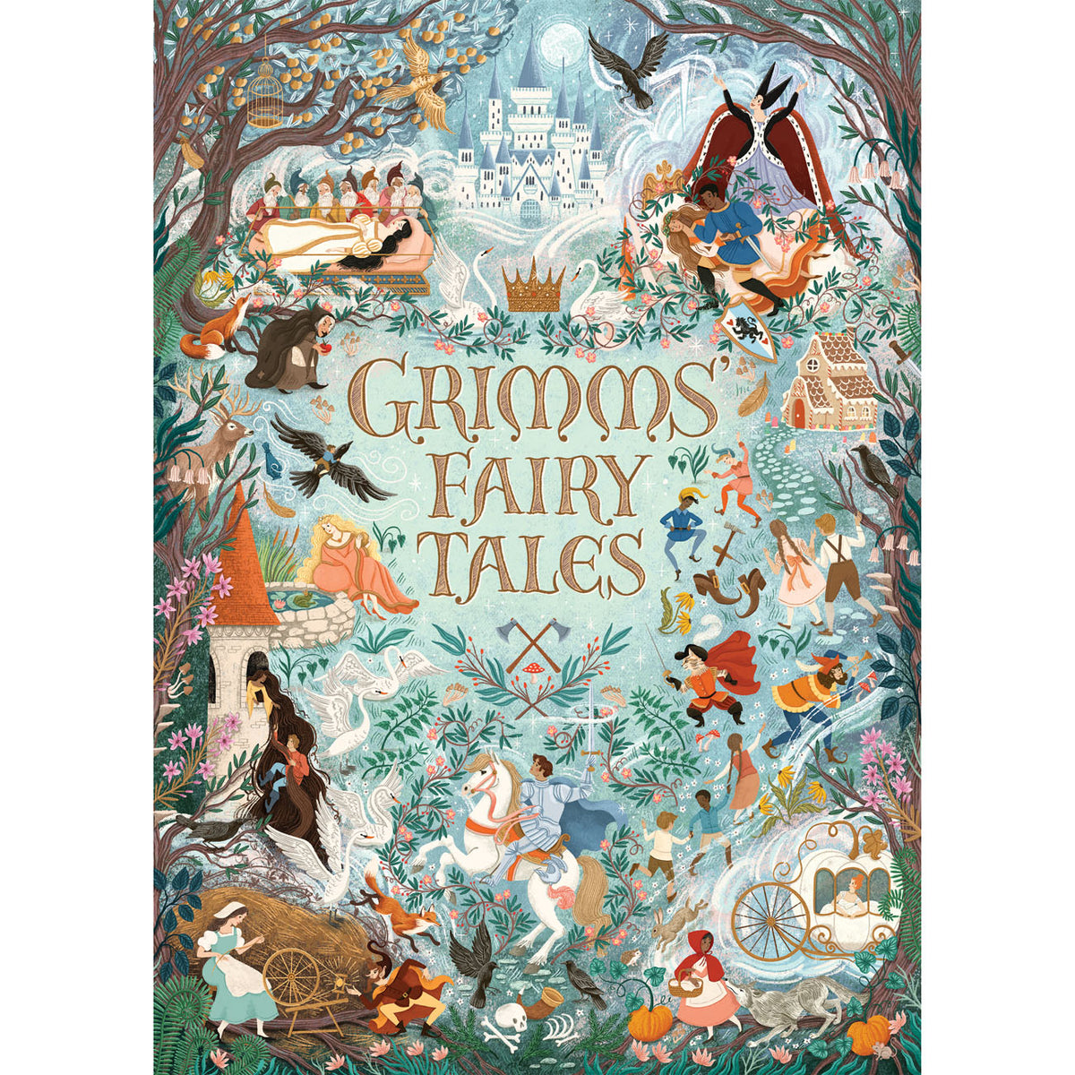 Illustrated book cover jigsaw puzzle for 'Grimms Fairy Tales' featuring a dense, whimsical fairy-tale scene with characters, animals, trees, and a castle, with the title in large tan letters at the center.