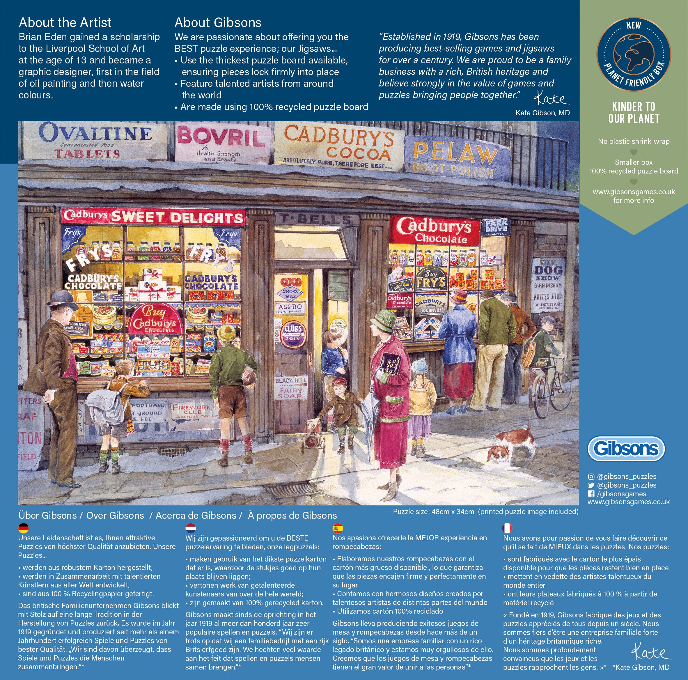 A back of the retail blue box featuring a detailed illustration of the storefront and children playing in front, with text sections on blue sides and a green 'Kindly to Our Planet' banner.