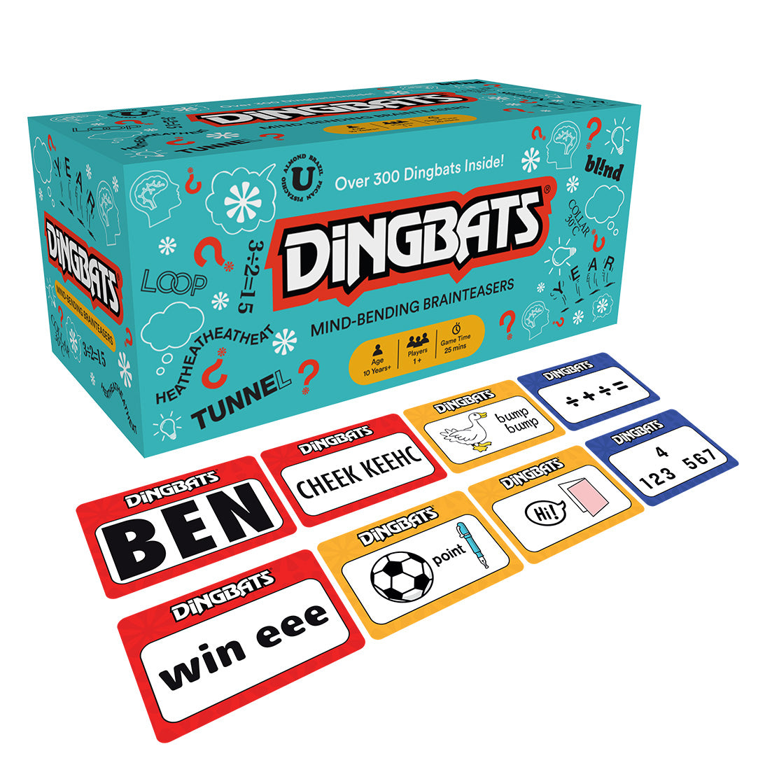 The image shows the board game 'Dingbats' which includes a box and several colourful game cards with different levels like 'Tricky', 'Formidable', and 'Diabolical'.