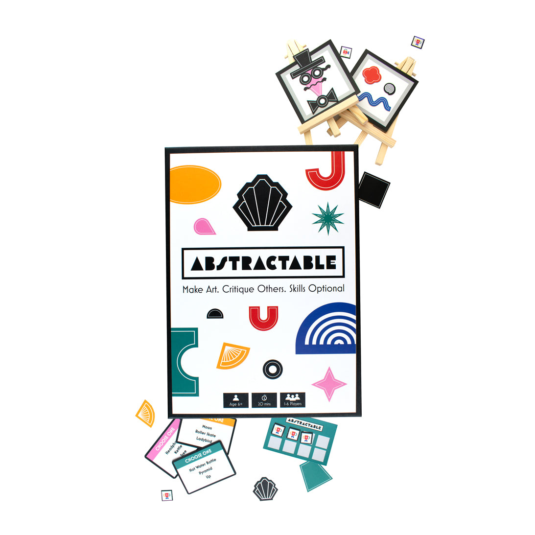 Abstractable art kit packaging with colorful abstract shapes and a minimalist design.