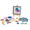 Colorful magnetic shapes on a white background with a small easel displaying a duck design.