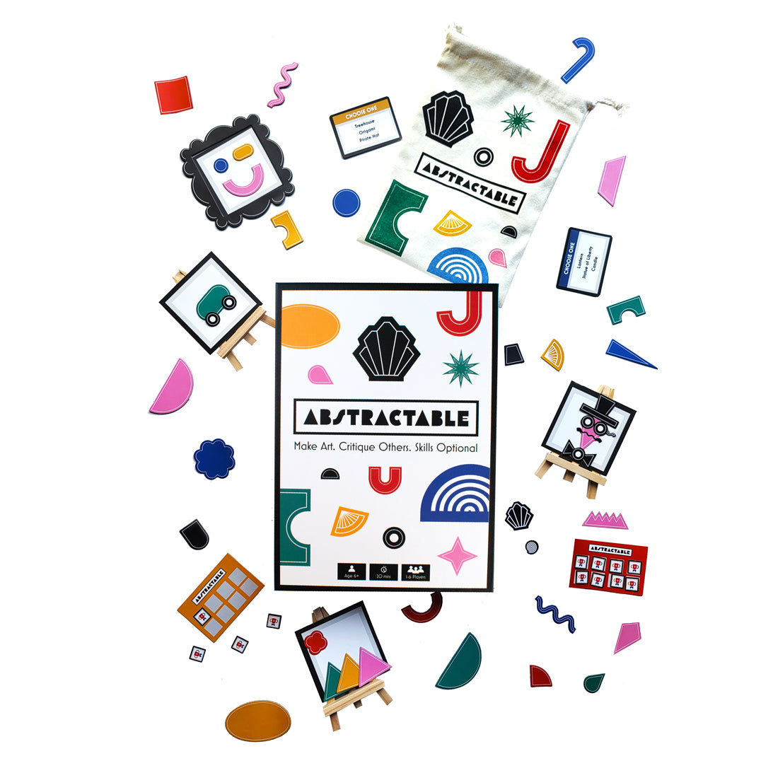 Abstractable art kit packaging with colorful abstract shapes and tools on a white background