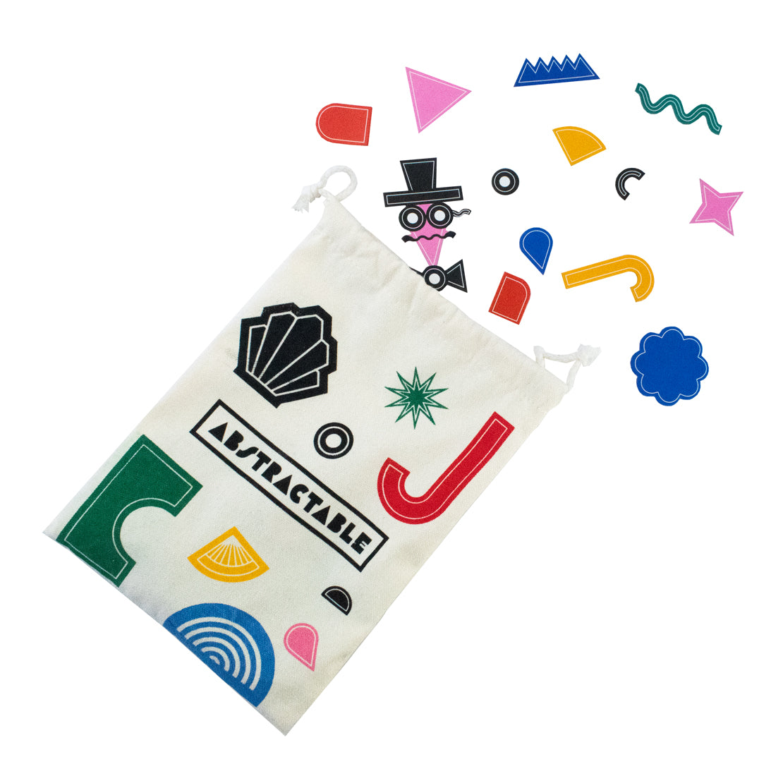 Colorful geometric shapes scattered around a drawstring bag with abstract designs on a white background