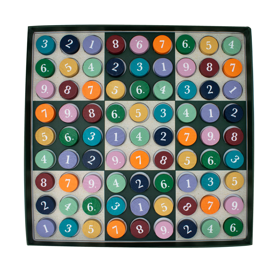 Grid of colourful wooden checkers with numbers on a white background