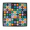Grid of colourful wooden checkers with numbers on a white background
