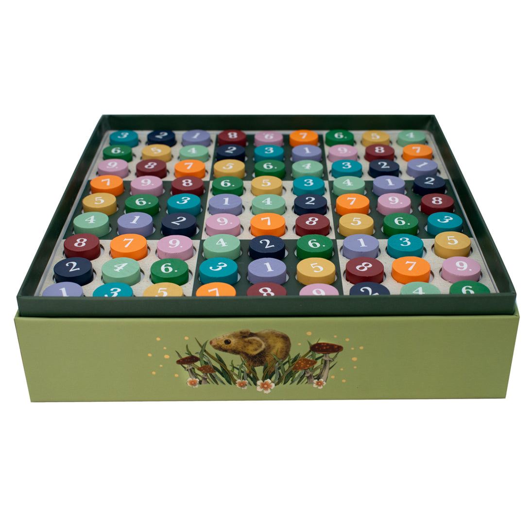 Set of colourful wooden checkers in a green box with a mouse illustration on a white background