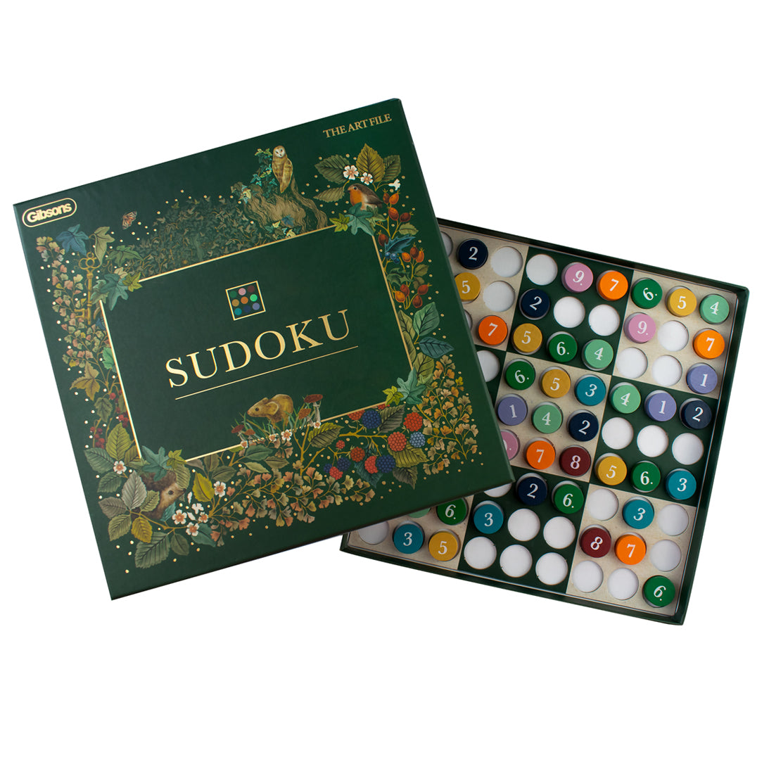 Sudoku game set with decorative packaging on a white background