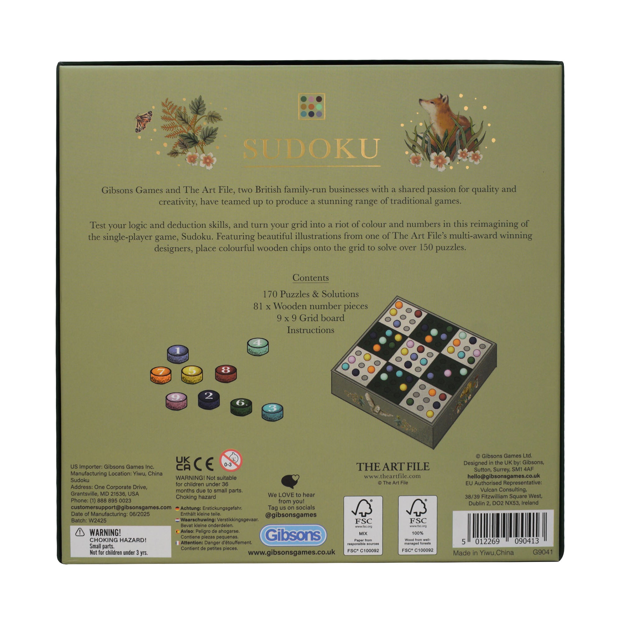 Back of a Sudoku game box with branding and product details.