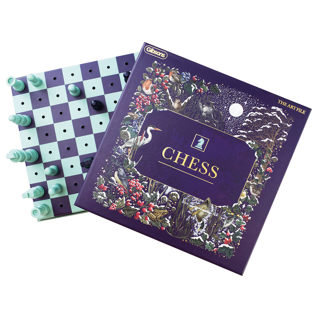 Chess set with decorative packaging on a white background