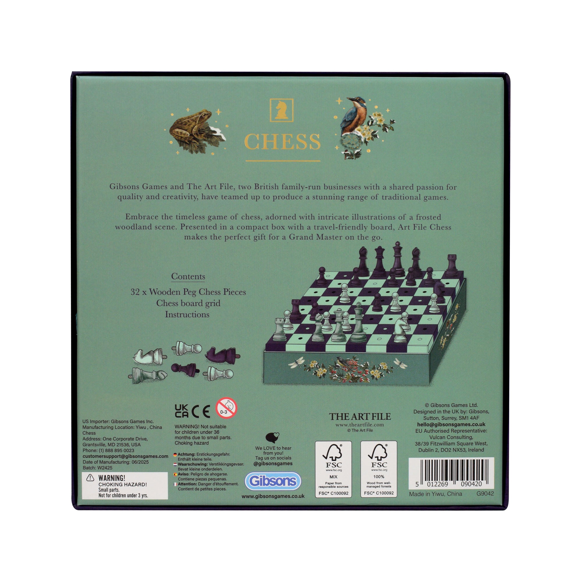 Chess game packaging with branding and product details on a green background