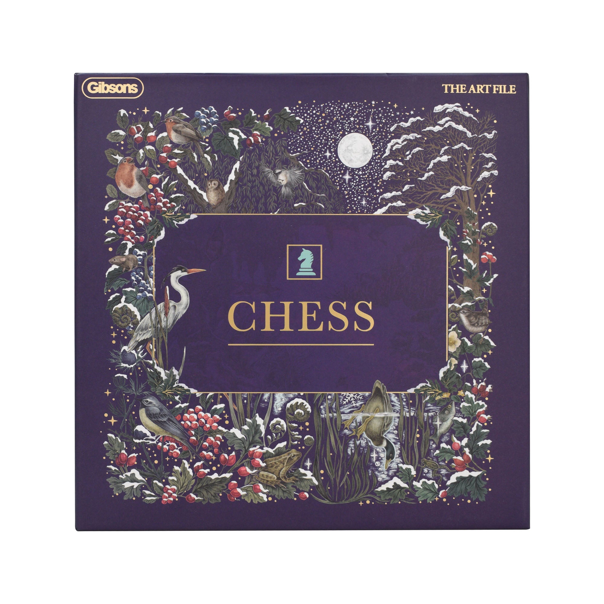 Gibsons chess set packaging with nature-themed design