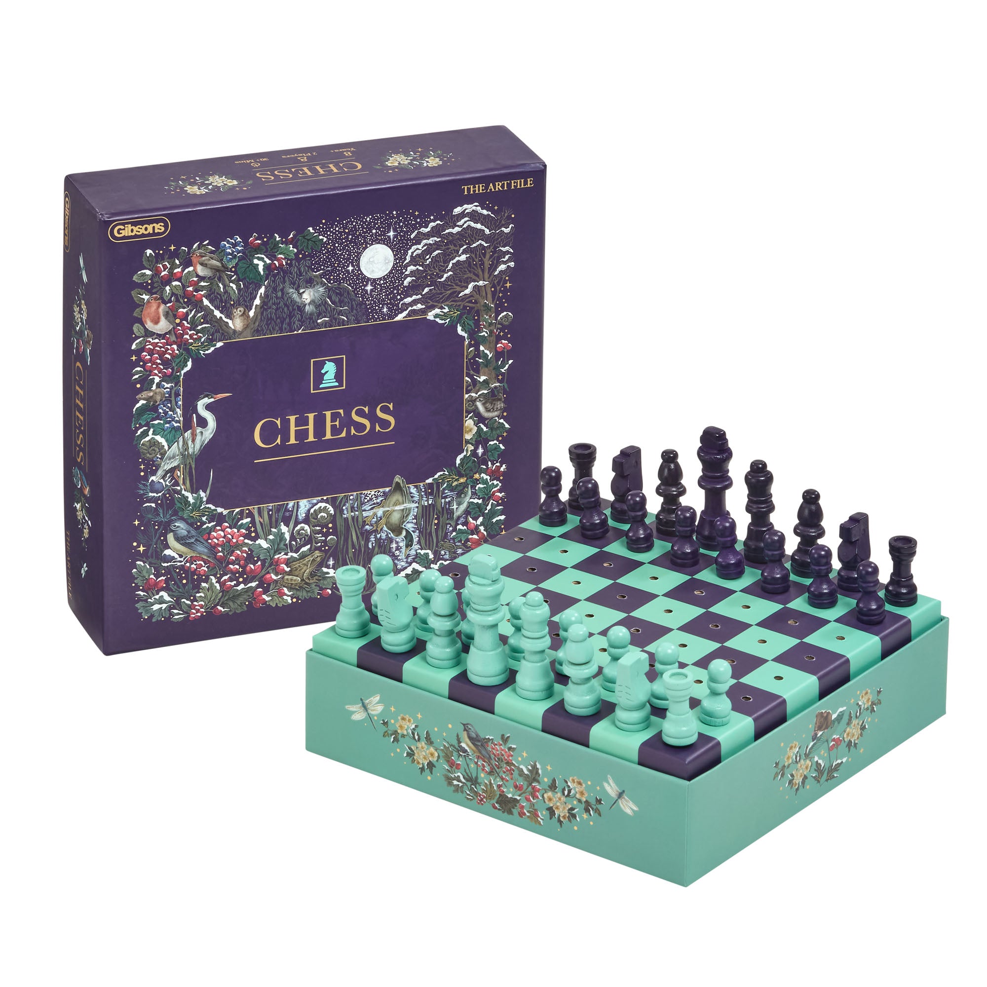 Chess set with decorative packaging on a white background